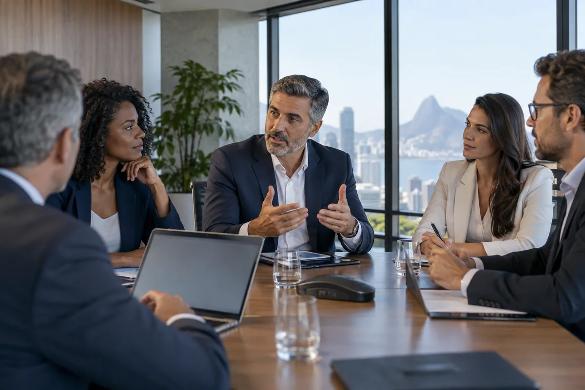 Diretores reunidos em uma sala de reuniões corporativa