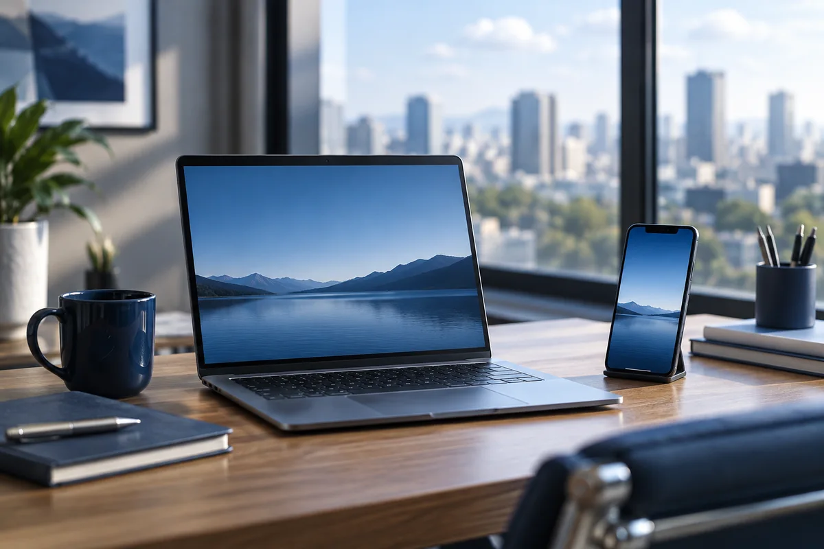 Notebook e celular sobre uma mesa de trabalho