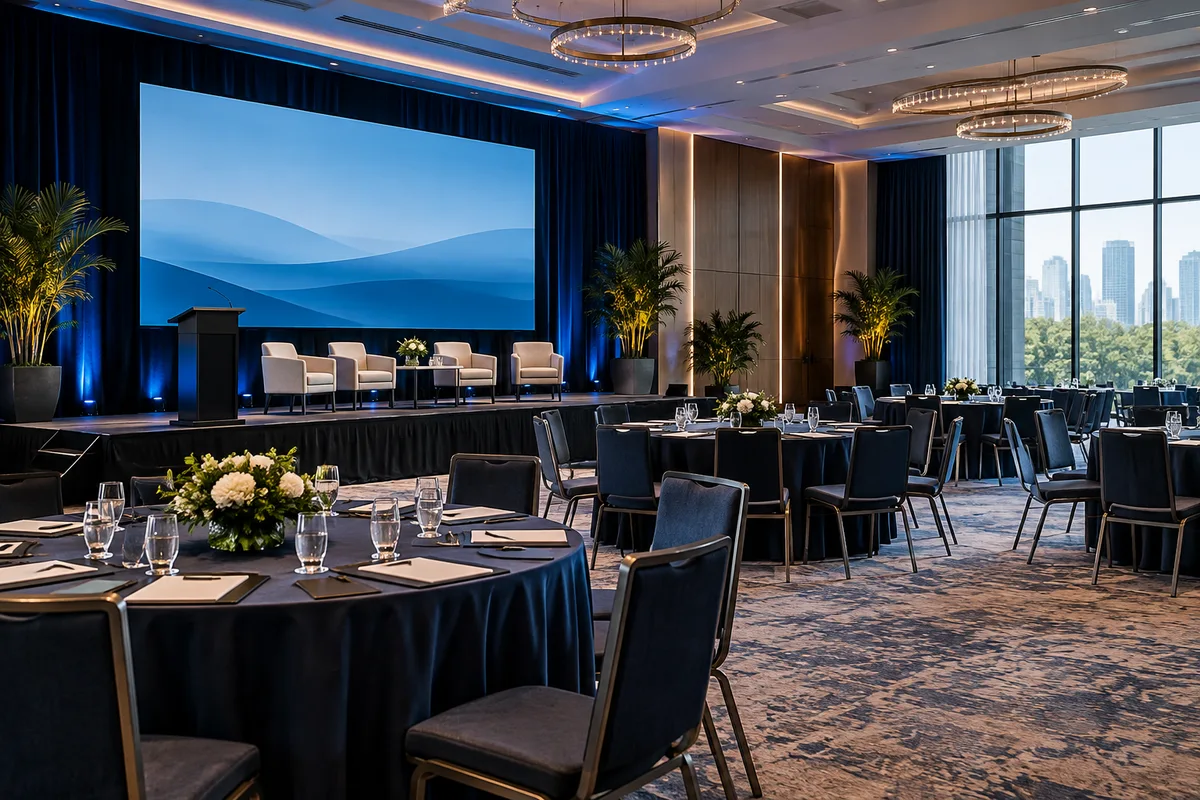 Espaço preparado para um evento corporativo com palco e assentos