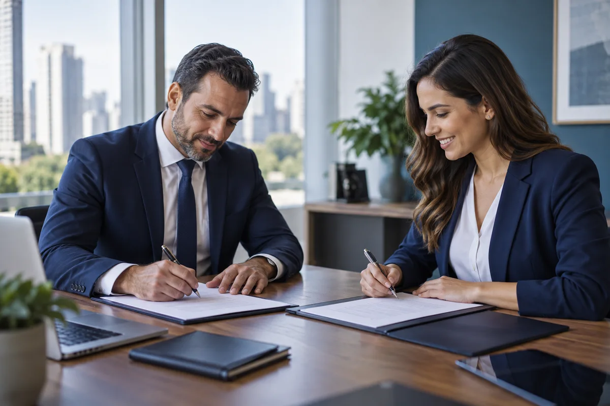 Profissionais formalizando um contrato de negócios