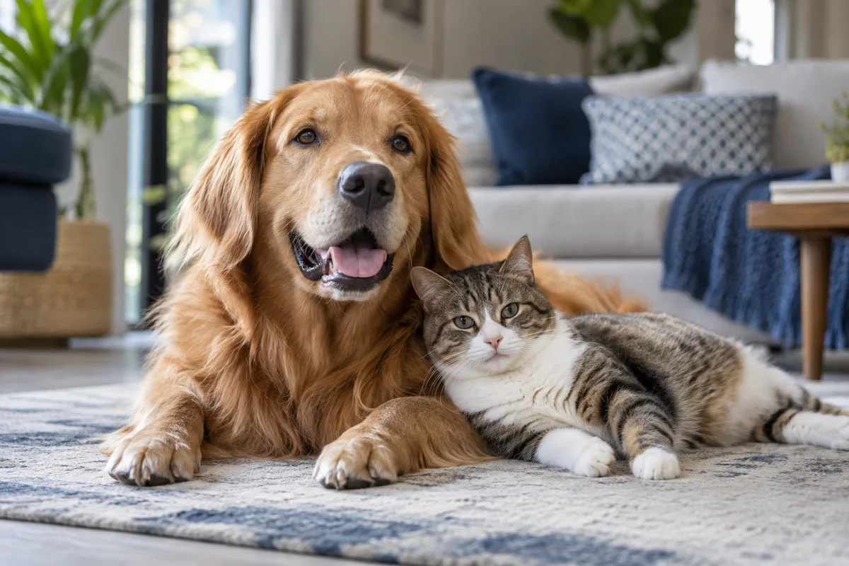 Cachorro e gato descansando juntos em casa
